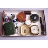 A TRAY OF MISCELLANEOUS, to include watch, pocket watch, compact, silver topped ceramic