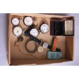 A BOX OF MISCELLANEOUS, to include five pocket watches, wristwatch, two fob watches and a metal