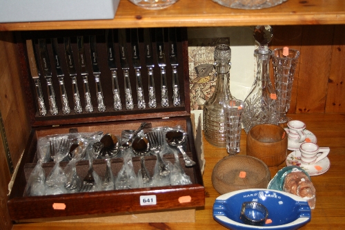 A CASED CANTEEN OF CUTLERY, Kings pattern, two glass decanters, a Quartz wristwatch etc