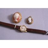 A LADIES 18CT MU DU WRISTWATCH, a 9ct cameo brooch and a 9ct cameo pendant (3)