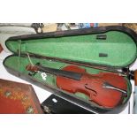 A CASED MAIDSTONE VIOLIN, (missing strings), with bow