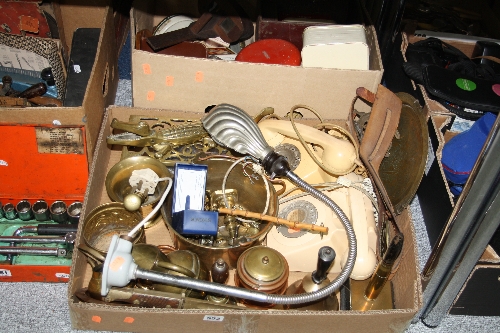 TWO BOXES OF SUNDRIES, to include telephones, brass, boxed wristwatch, hand-held viewer, tins, light