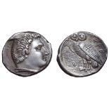 Bruttium, Kroton AR Drachm. Circa 300-250 BC. Male head right, wearing taenia / Owl standing left;