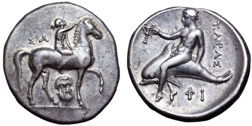 Calabria, Tarentum AR Nomos. Circa 320-315 BC. Nude youth on horse pacing to right, wreath in