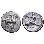 Calabria, Tarentum AR Nomos. Circa 320-315 BC. Nude youth on horse pacing to right, wreath in