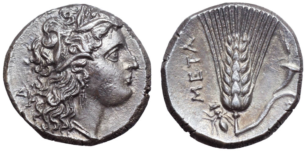 Lucania, Metapontion AR Stater. Circa 290-280 BC. Head of Demeter right wearing grain wreath,