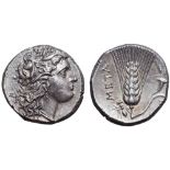 Lucania, Metapontion AR Stater. Circa 290-280 BC. Head of Demeter right wearing grain wreath,