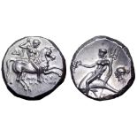 Calabria, Tarentum AR Nomos. Circa 272-240 BC. Aristokles, magistrate. Nude warrior on horseback