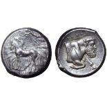 Sicily, Gela AR Tetradrachm. Circa 420-415 BC. Charioteer, holding reins and kentron, driving slow