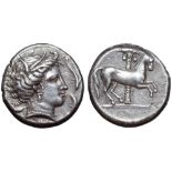 Sicily, Entella AR Tetradrachm. Circa 345-315 BC. Head of Arethusa right, wearing wreath of grain