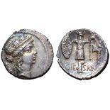 Julius Caesar AR Denarius. Travelling military mint, 48-47 BC. Female head right, wearing oak wreath