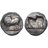 Lucania, Sybaris AR Stater. Circa 550-510 BC. Bull standing to left, head reverted; VM above /