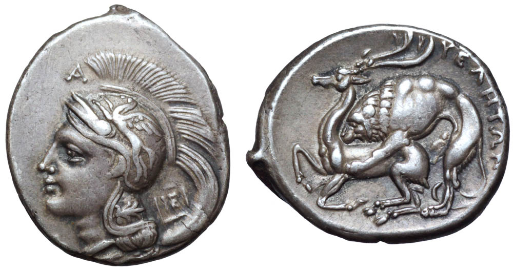 Lucania, Velia AR Stater. Circa 280 BC. Head of Athena left, wearing Attic helmet decorated with