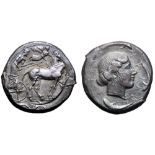 Sicily, Syracuse AR Tetradrachm. Second Democracy. Circa 450 BC. Charioteer, holding kentron and