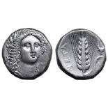 Lucania, Metapontion AR Stater. Circa 330-290 BC. Head of Demeter facing slightly right, wearng