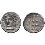 Sicily, Himera AR Trias. Circa 409-390 BC. Head of nymph three-quarters facing / Four pellets within