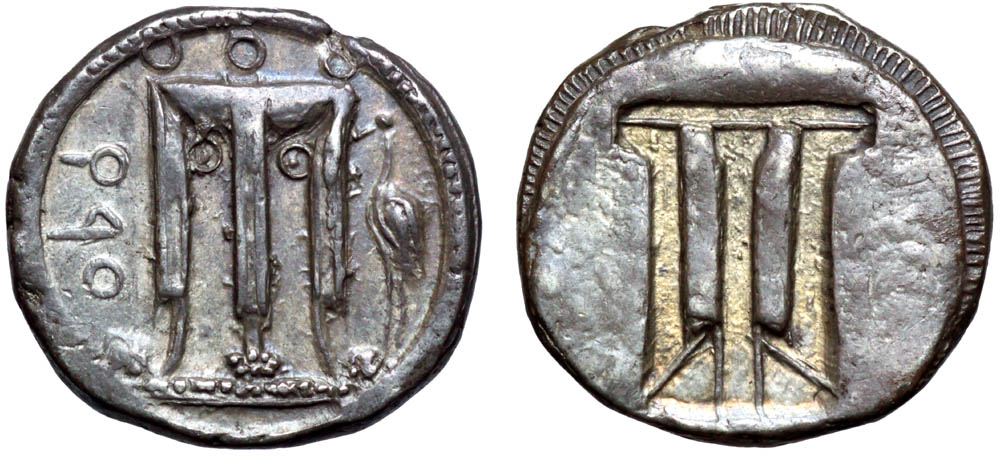 Bruttium, Kroton AR Stater. Circa 480-430 BC. Tripod, heron standing to right; QPO to left /