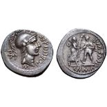 Pompey Magnus and M. Poblicius AR Denarius. Spanish mint, 46-45 BC. Helmeted head of Roma right; M•