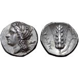 Lucania, Metapontion AR Stater. Circa 280 BC. Head of Demeter left, wearing grain wreath; Δ behind /