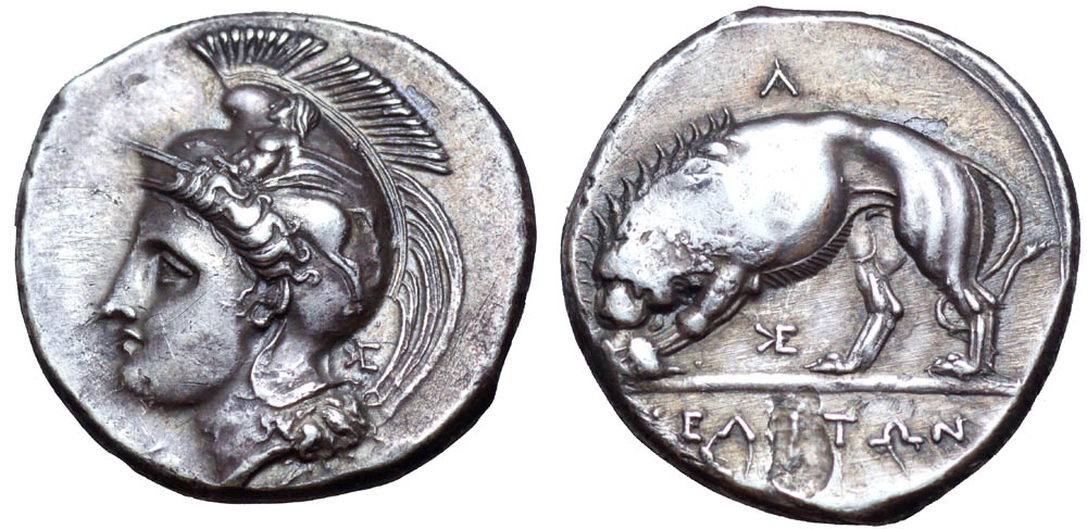 Lucania, Velia AR Stater. Circa 334-300 BC. Head of Athena left, wearing Phrygian helmet decorated