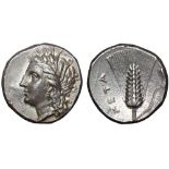 Lucania, Metapontion AR Stater. Circa 290-280 BC. Head of Demeter left, wearing grain wreath / Ear