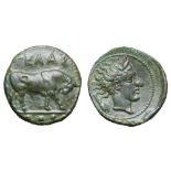 Sicily, Gela Æ Trias. Circa 420-405 BC. Bull standing right, head lowered; ••• (mark of value) in