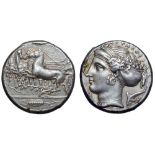 Sicily, Syracuse AR Tetradrachm. Time of Dionysios I, circa 405-400 BC. Charioteer, holding reins