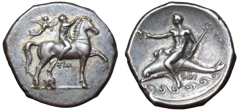 Calabria, Tarentum AR Nomos. Circa 333-330 BC. Nude youth on horse pacing to right, wreath in