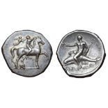 Calabria, Tarentum AR Nomos. Circa 333-330 BC. Nude youth on horse pacing to right, wreath in