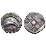 Sicily, Zankle-Messana AR Chalkidian Drachm. Circa 520-493 BC. Dolphin swimming left within sickle