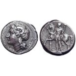 Campania, Nuceria Alfaterna AR Didrachm. Circa 250-225 BC. Head of Apollo Karneios left with horn of