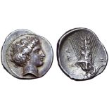 Lucania, Metapontion AR Stater. Circa 400-340 BC. Head of Demeter right, wearing pendant earring and