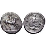 Sicily, Leontinoi AR Didrachm. Circa 470 BC. Nude rider on horseback right / Lion's head left,