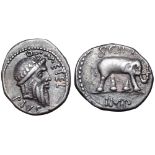 Q. Metellus Pius Scipio AR Denarius. African mint, 47-46 BC. Laureate head of Jupiter right, in