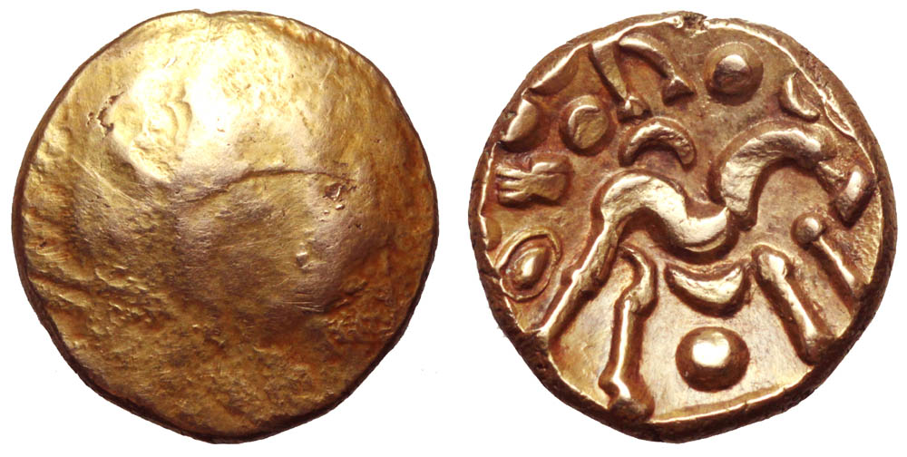 Northern Gaul, Ambiani AV Stater. Gallic War Uniface Type. Circa 58-55 BC. Plain obverse / M-