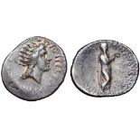 Marc Antony AR Denarius. Athens, 38-37 BC. III•VIR•R•P•C•COS•DESIG•ITER•ET•TERT, radiate bust of Sol