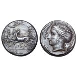 Sicily, Syracuse AR Tetradrachm. Time of Dionysios I, circa 405-400 BC. Charioteer, holding reins