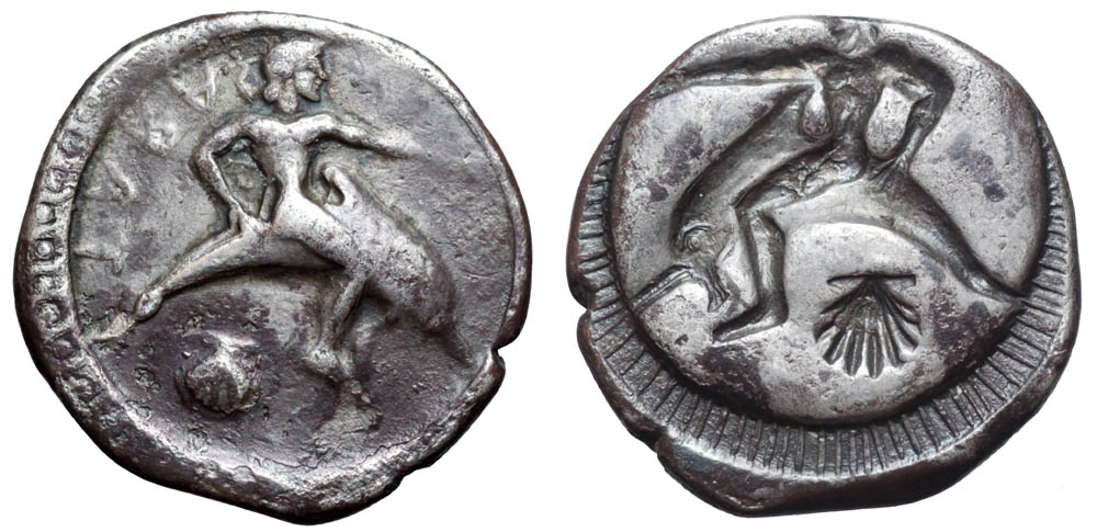 Calabria, Tarentum AR Nomos. Circa 510–500 BC. Taras astride dolphin to right with right hand