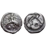 Calabria, Tarentum AR Nomos. Circa 510–500 BC. Taras astride dolphin to right with right hand