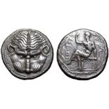 Bruttium, Rhegion AR Tetradrachm. Circa 435-425 BC. Facing lion's head; dotted border / RECINOS (