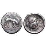 Sicily, Segesta AR Didrachm. Circa 480-410 BC. Hound standing left, head lowered, on double exergual