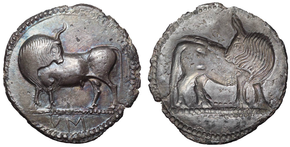 Lucania, Sybaris AR Stater. Circa 550-510 BC. Bull standing to left, head reverted; VM in