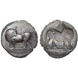 Lucania, Sybaris AR Stater. Circa 550-510 BC. Bull standing to left, head reverted; VM in