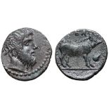 Sicily, Abakainon AR Litra. Circa 430-420 BC. Laureate head of Zeus right / Sow standing right;