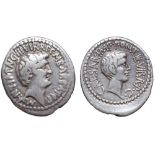 Marc Antony and Octavian AR Denarius. M. Barbatius Pollio, quaestor pro praetore. Military mint