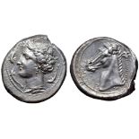 Sicily, Entella AR Tetradrachm. 317-310 BC. Head of Tanit left, wearing grain wreath, triple-drop