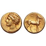 North Africa, Carthage EL Stater. Circa 350-310 BC. Wreathed head of Tanit left, wearing triple-