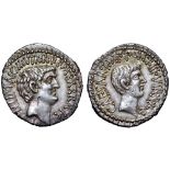 Marc Antony and Octavian AR Denarius. M. Barbatius Pollio, quaestor pro praetore. Military mint