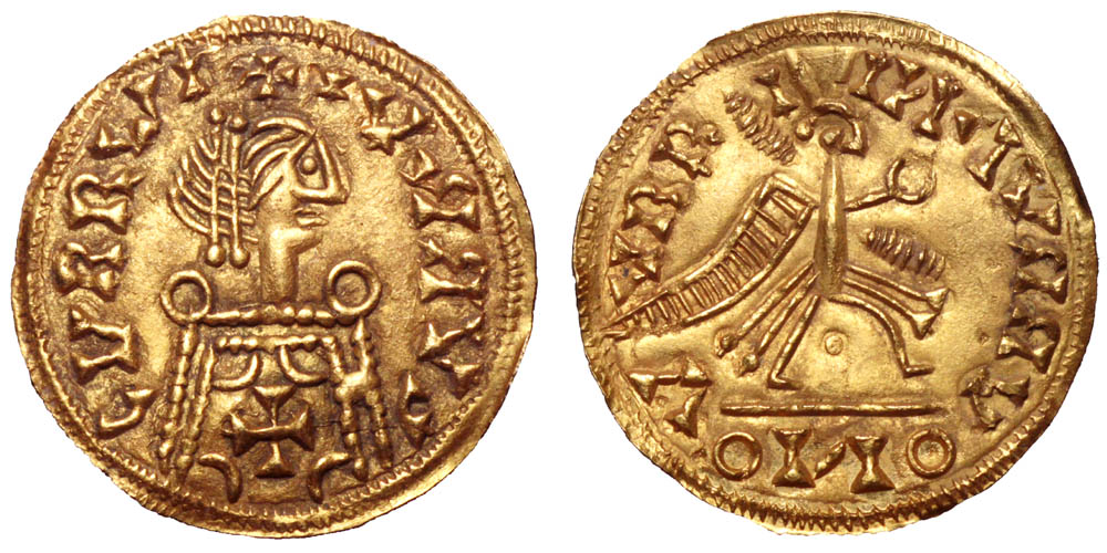 Visigoths, ‘Curru’ AV Tremissis. Toledo, circa AD 565-580. CVRRVI + CVRRVI (retrograde), diademed,