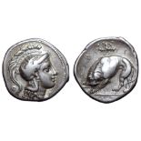 Lucania, Velia AR Stater. Period VII, signed by Philistion. Circa 305-290 BC. Head of Athena